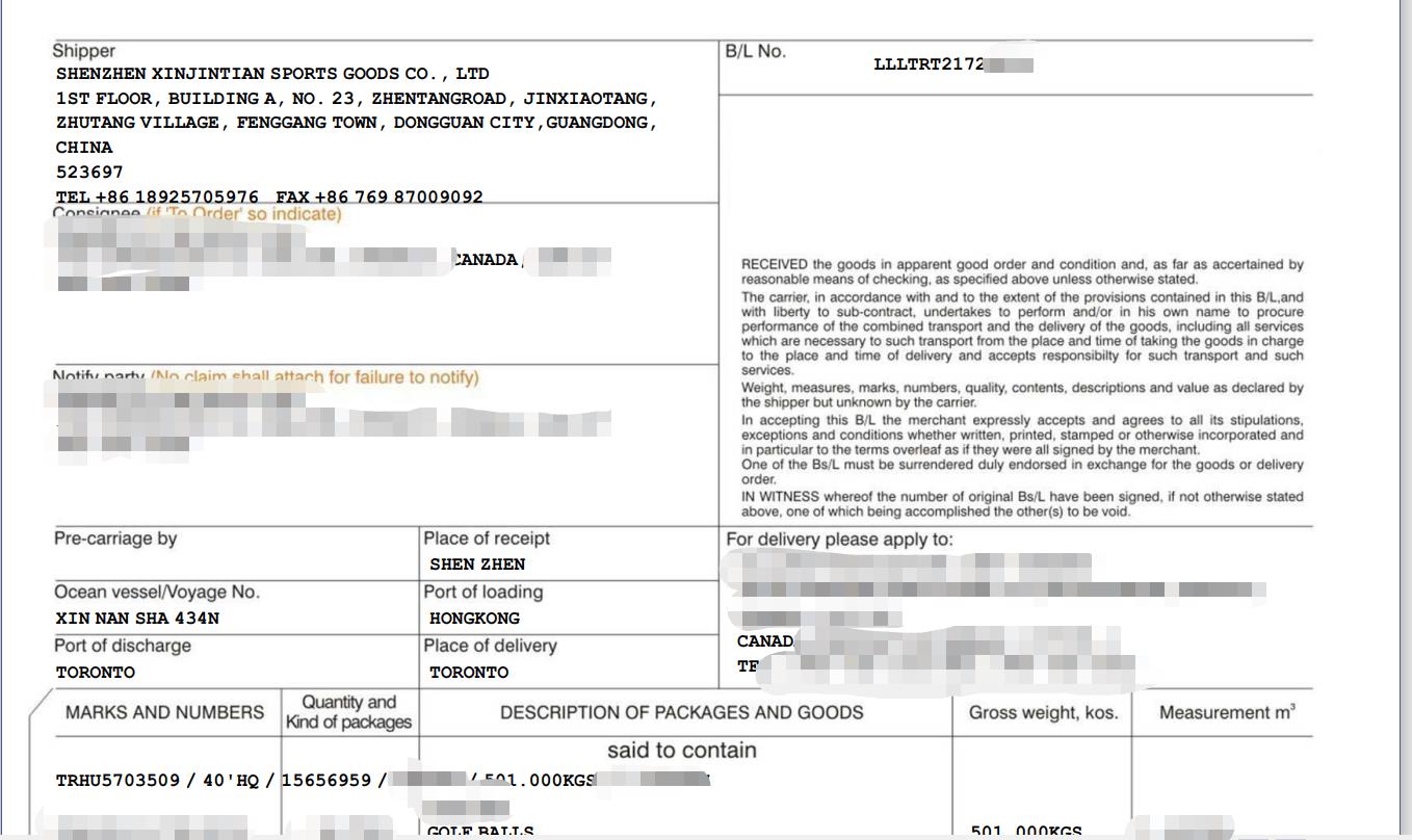 Golf ball customs clearance documentation to Canada