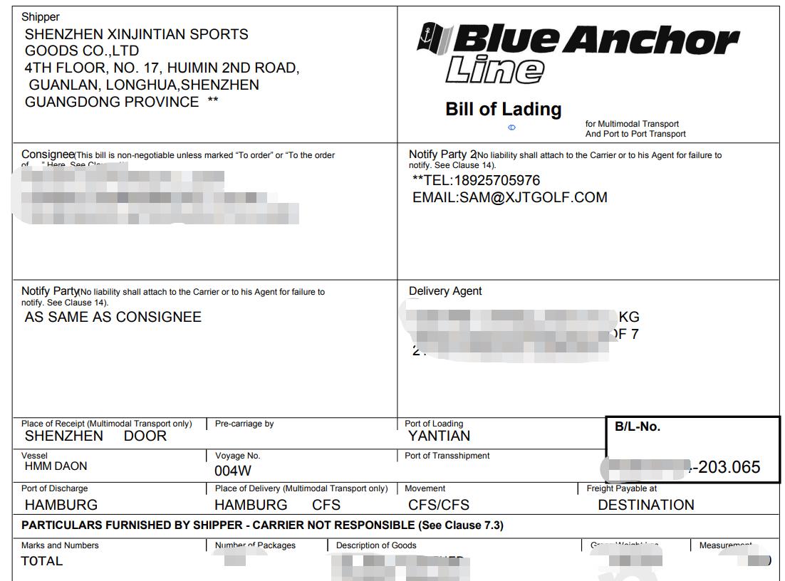 Golf ball shipment bill of lading to Germany