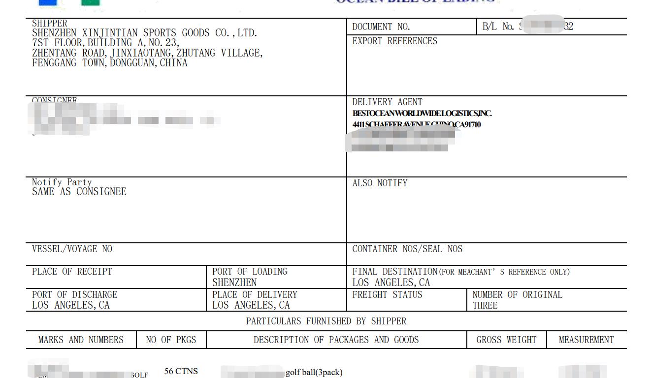 Golf ball customs documentation export to USA