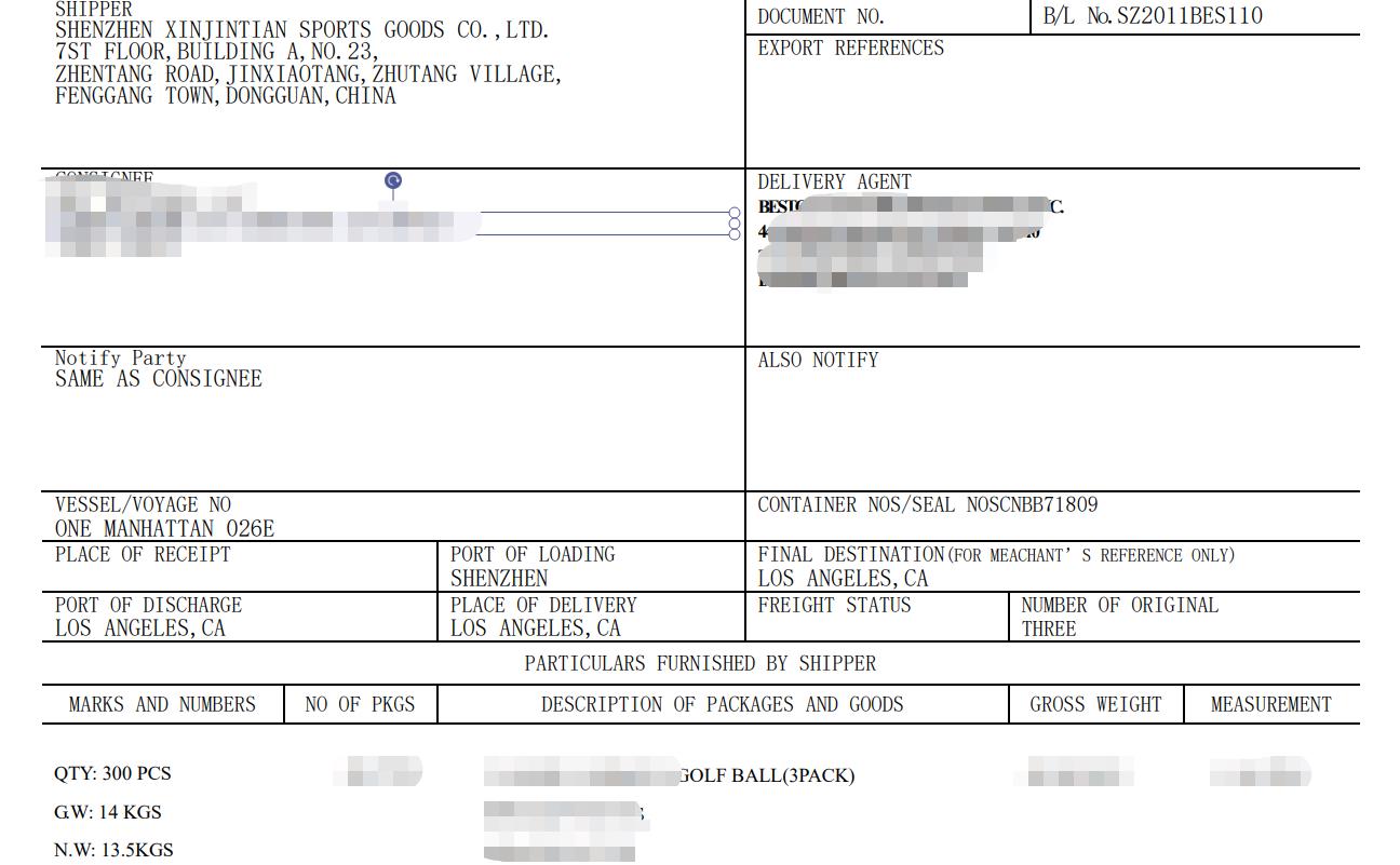 Golf ball customs documentation export to USA 2